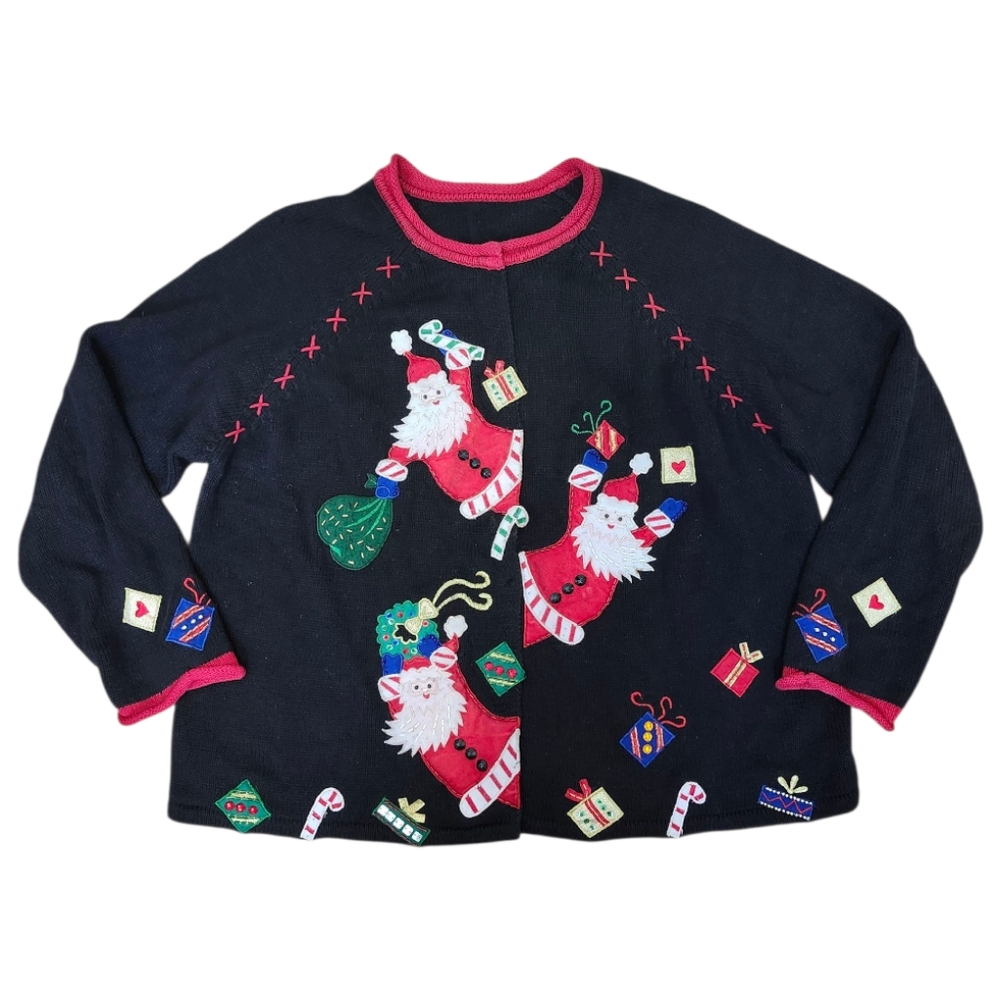 Vintage 2004 Tiara International Christmas Ugly Sweater Cardigan Santa